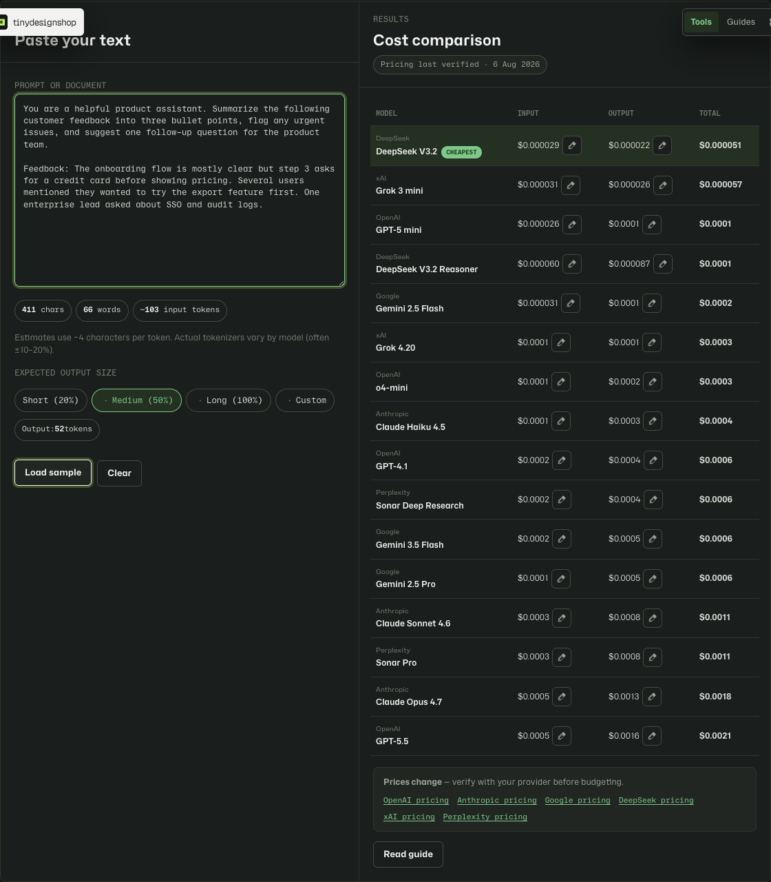 AI Token Cost Calculator cost comparison table across models