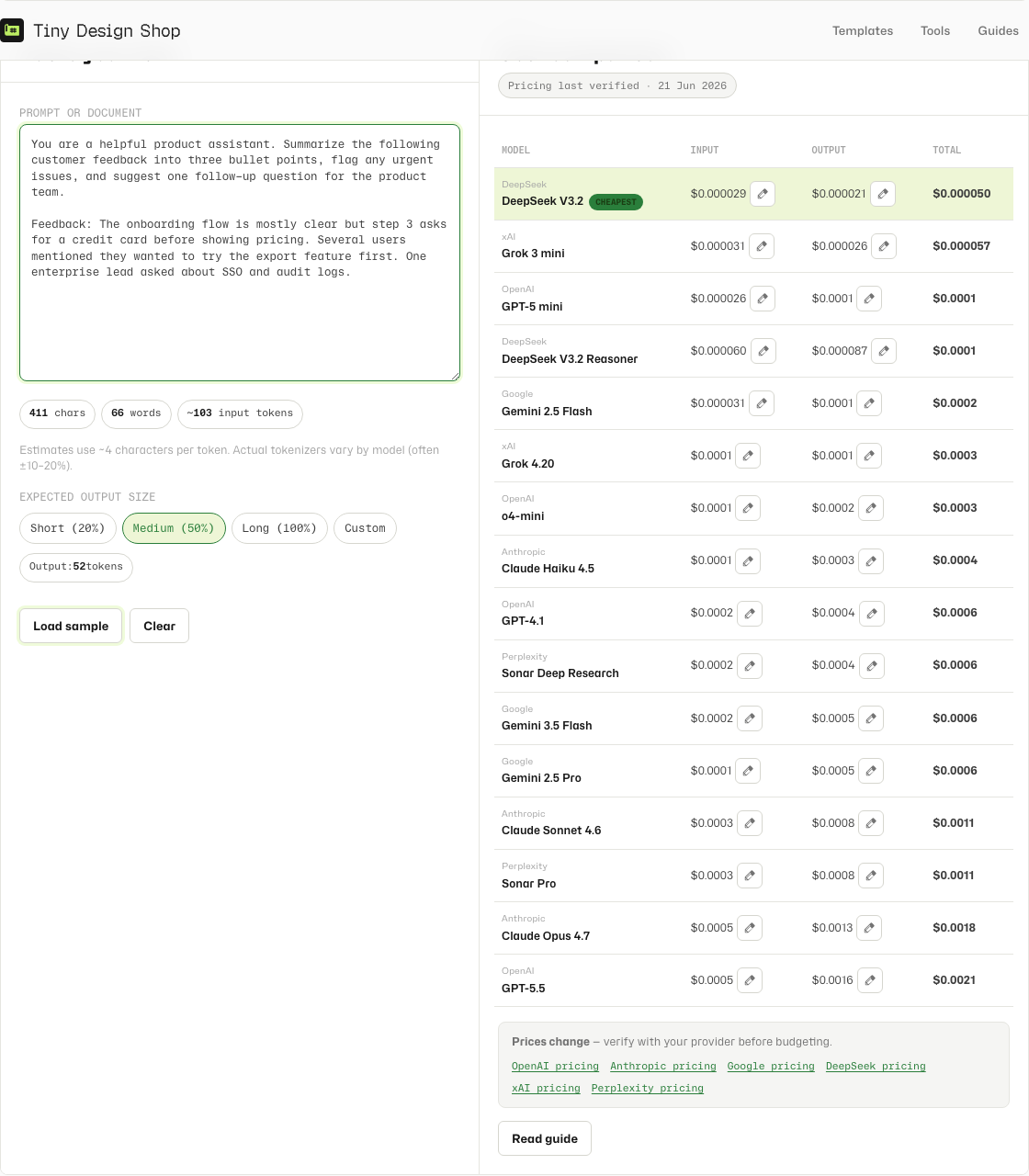 AI Token Cost Calculator cost comparison table across models