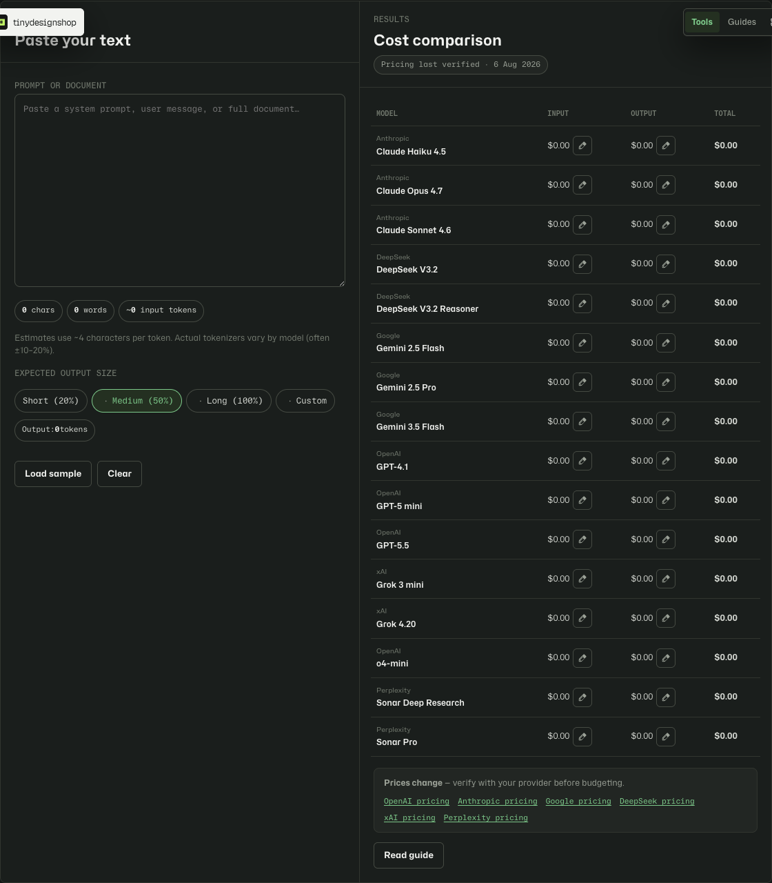 AI Token Cost Calculator empty input panel
