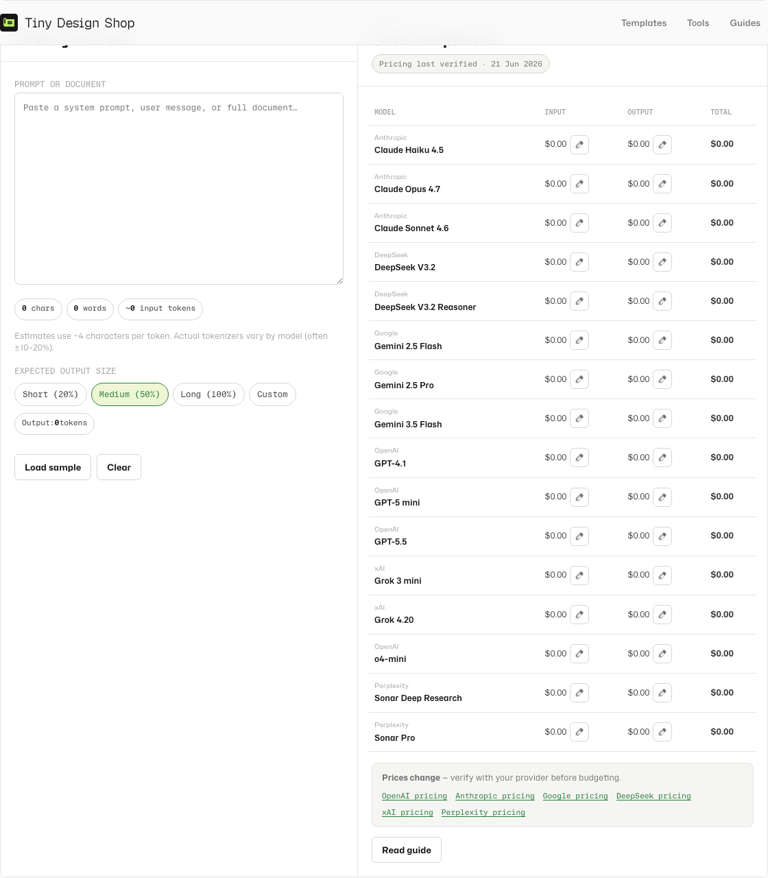 AI Token Cost Calculator empty input panel