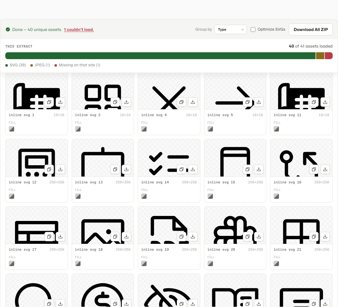 Asset Extractor results grid grouped by SVGs and PNGs with copy and download actions