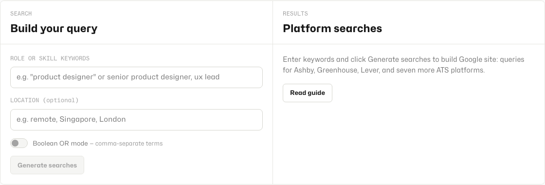 ATS Search Generator with keyword and location fields