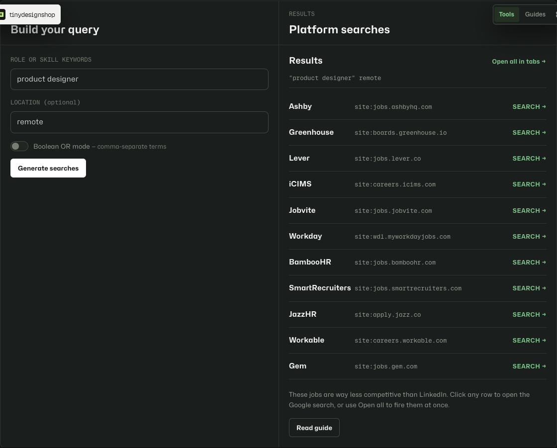 ATS Search Generator results list with platform rows and Open all in tabs