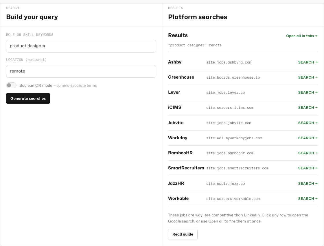 ATS Search Generator results list with platform rows and Open all in tabs