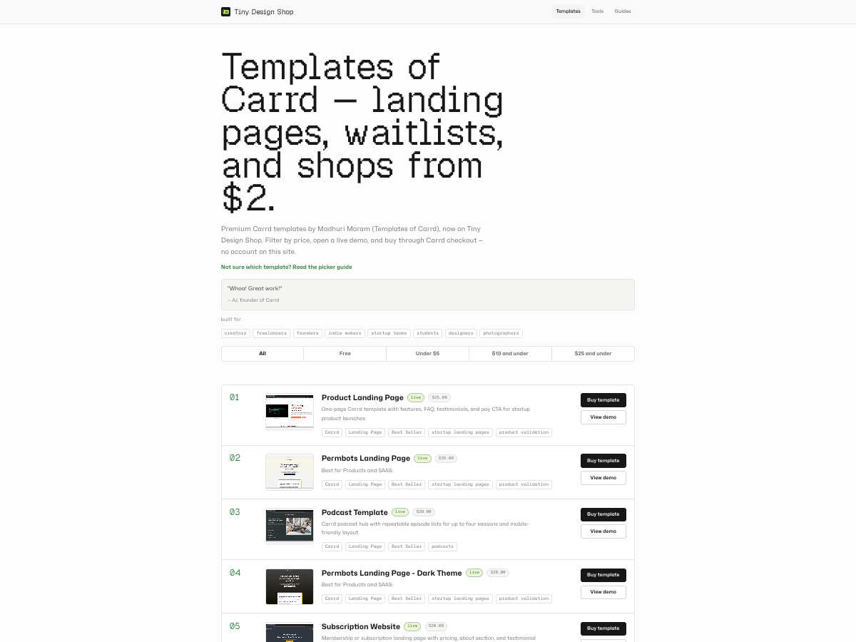 Templates of Carrd catalog with template rows and filters