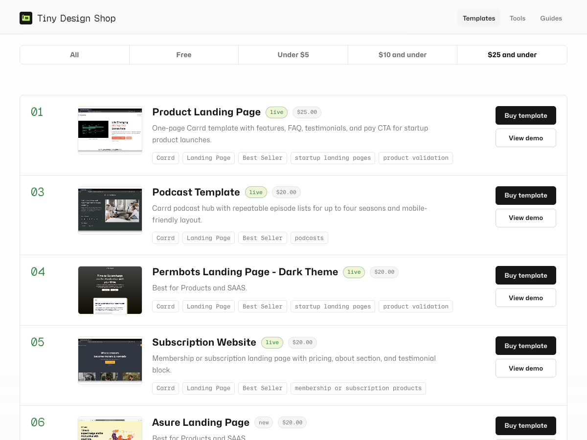 Carrd template catalog price filter and template picker