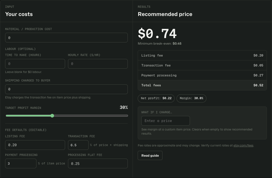 Etsy Pricing Calculator cost and fee input panel