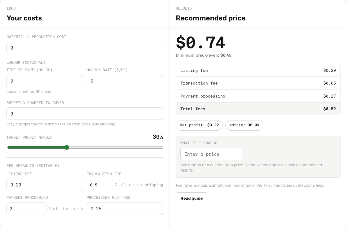 Etsy Pricing Calculator cost and fee input panel