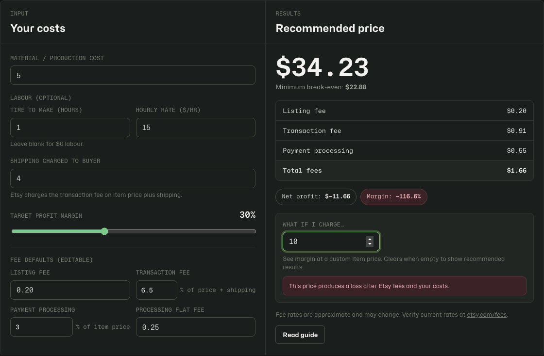 Etsy Pricing Calculator manual override showing a loss warning