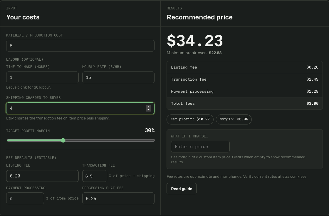 Etsy Pricing Calculator recommended price and fee breakdown