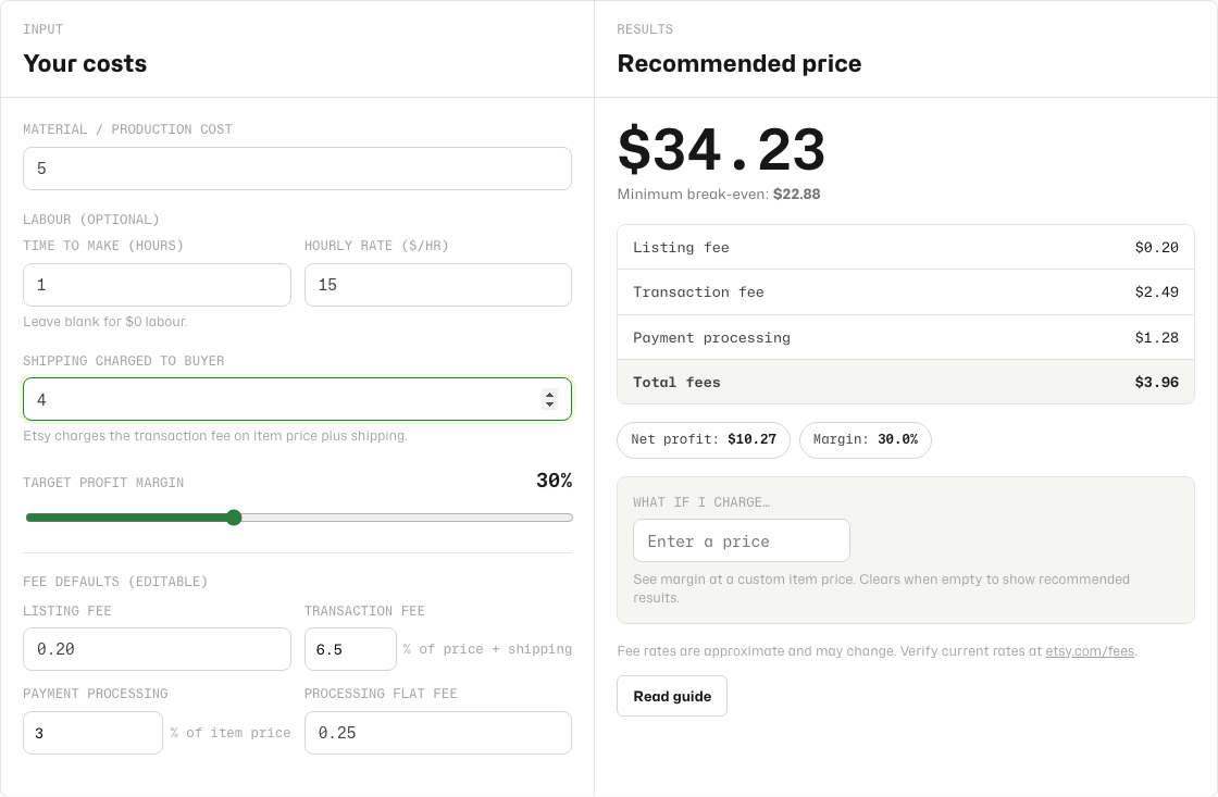 Etsy Pricing Calculator recommended price and fee breakdown
