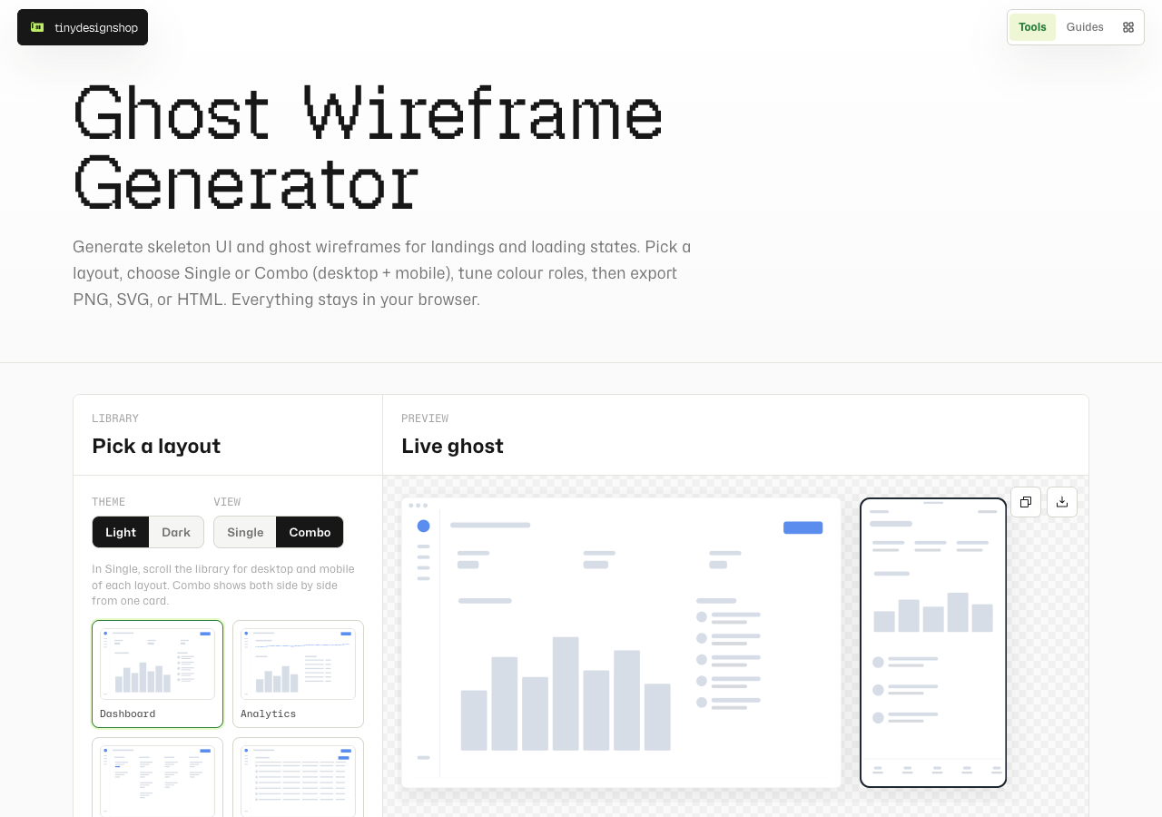 Ghost Wireframe Generator Combo view with desktop and mobile ghosts side by side