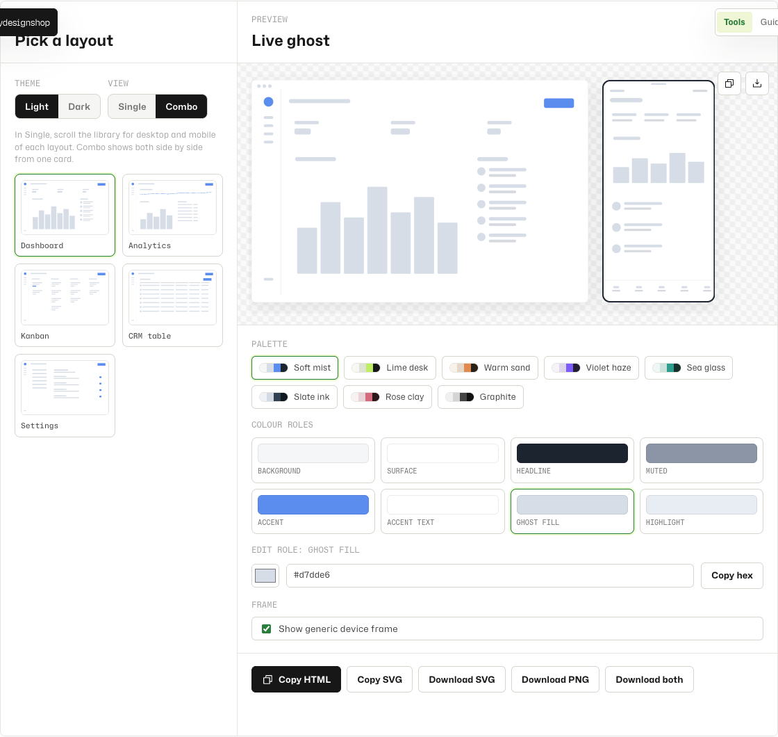 Ghost Wireframe Generator palette roles and export buttons
