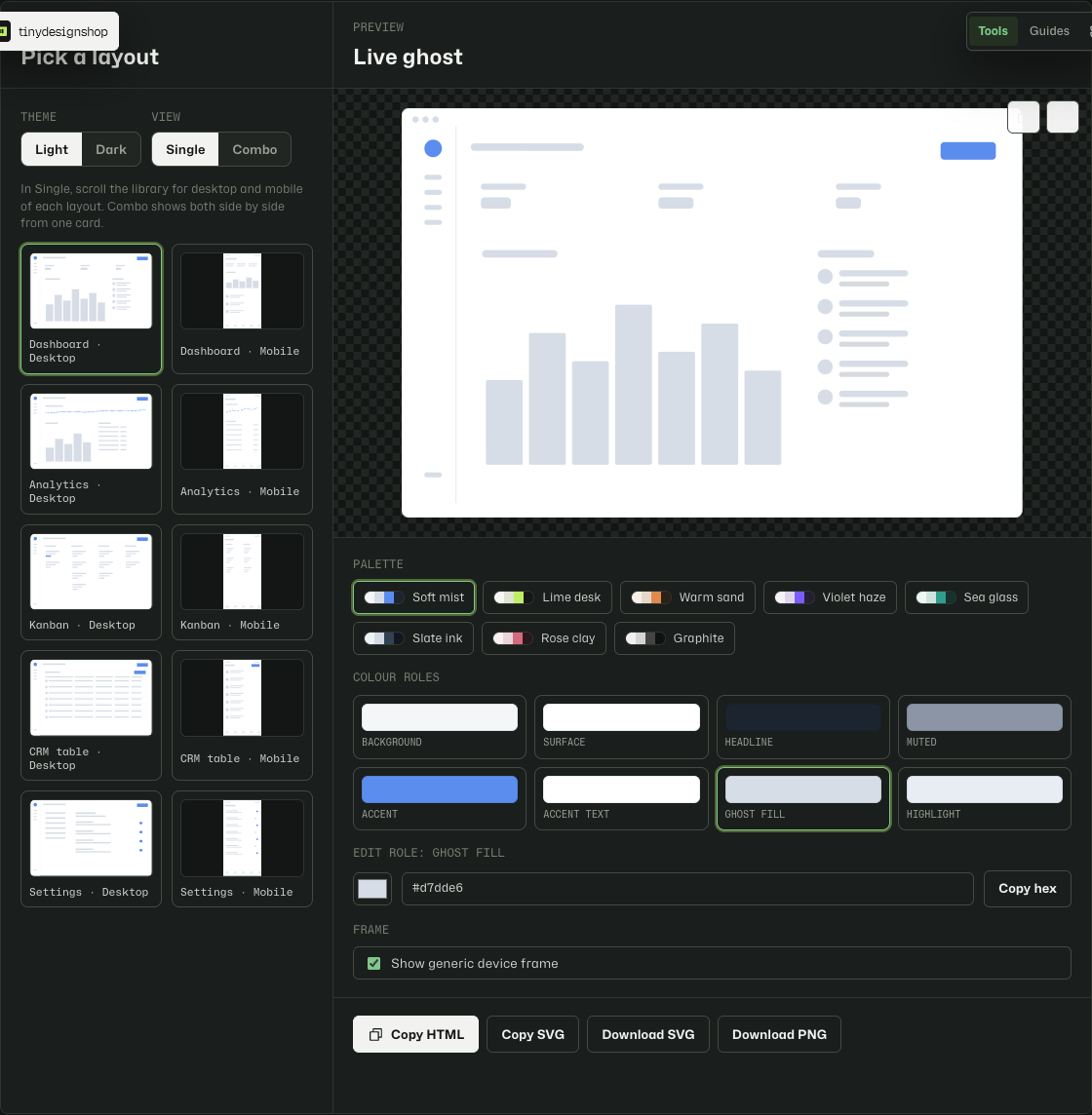 Ghost Wireframe Generator in Single view with a desktop dashboard ghost preview
