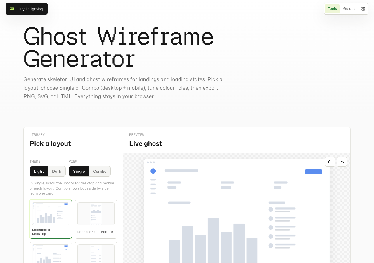 Ghost Wireframe Generator in Single view with a desktop dashboard ghost preview