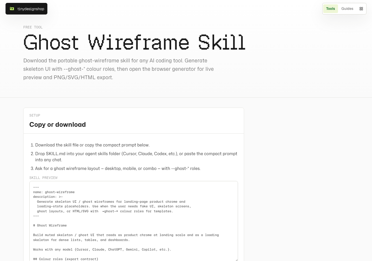 Ghost Wireframe Skill page with copy and download actions