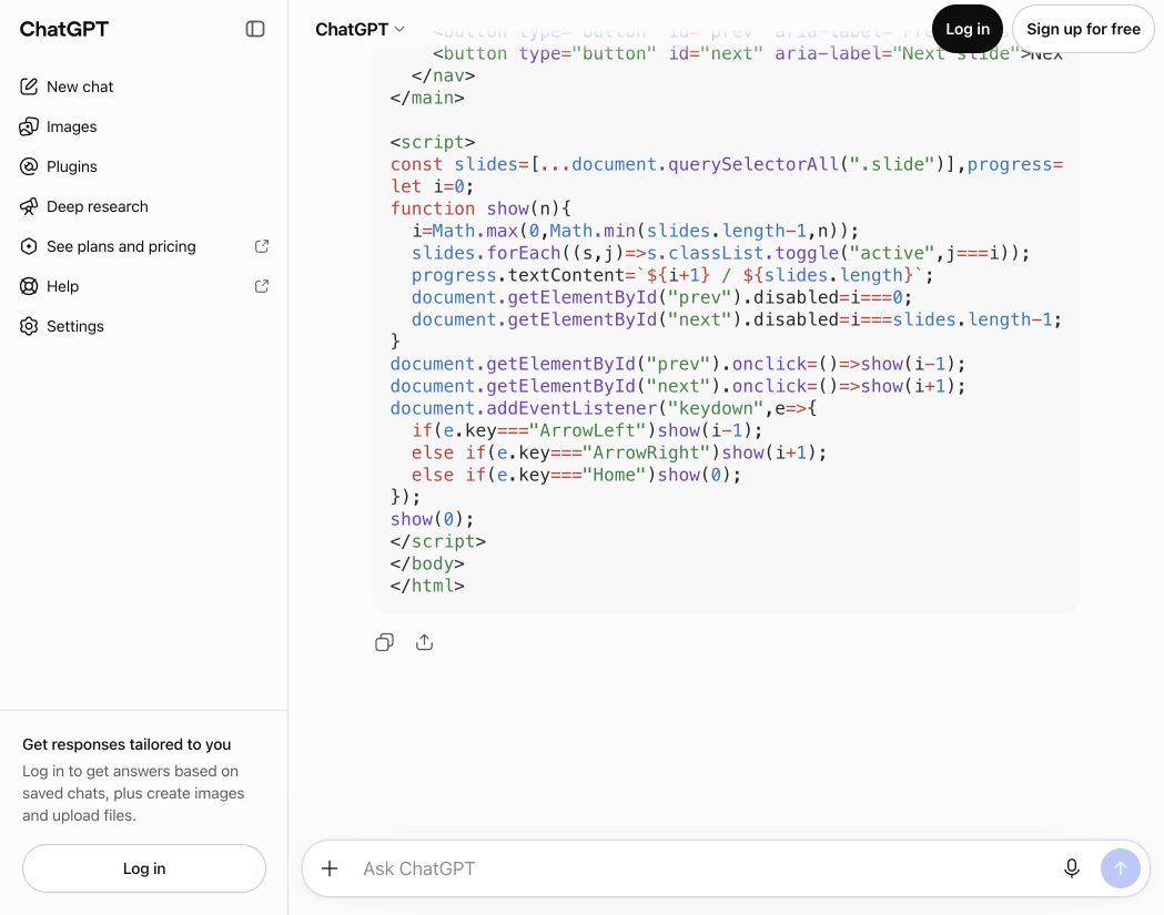Signed-out ChatGPT browser showing complete HTML source with slide navigation