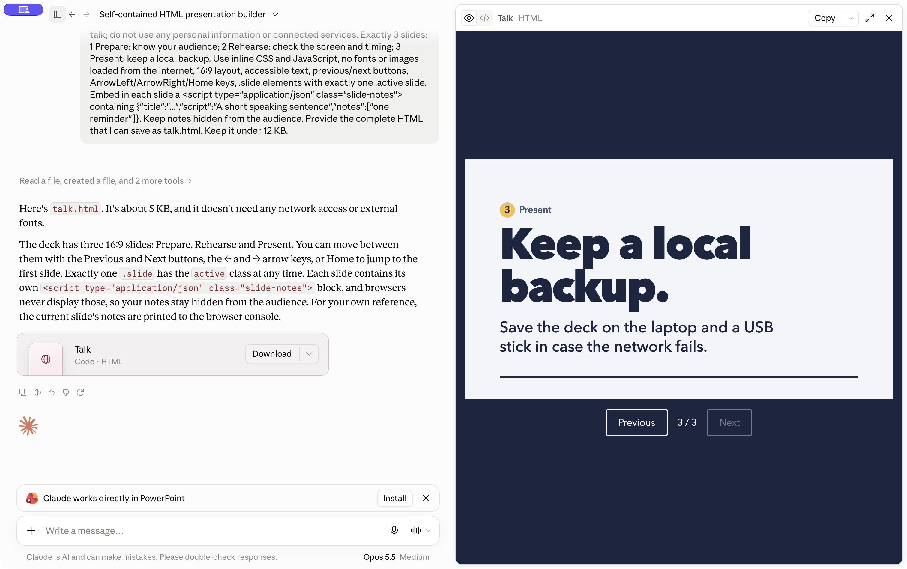 Claude desktop showing a generated HTML slide artifact and its Download button