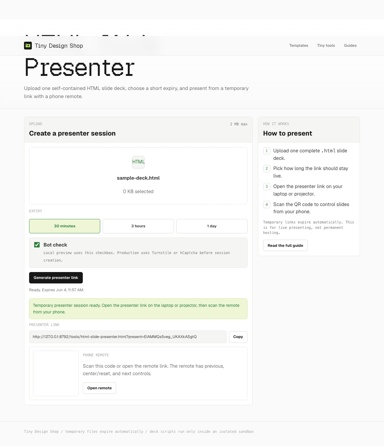 Generated presenter link and QR code for phone remote
