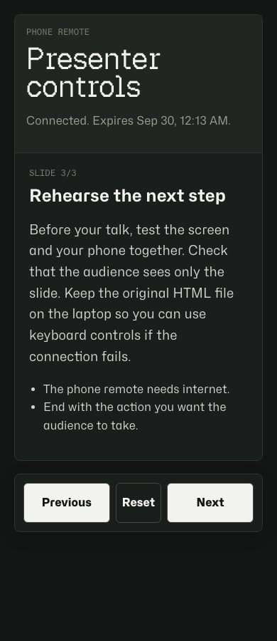 Phone remote showing the current slide’s speaking text and reminder bullets