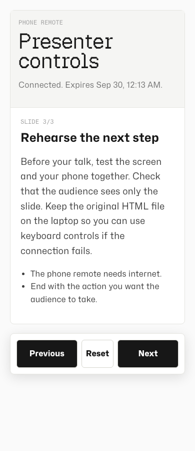 Phone remote showing the current slide’s speaking text and reminder bullets