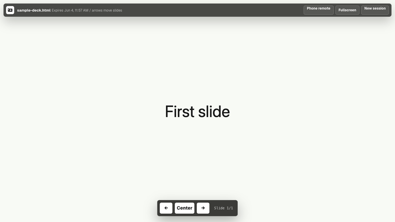 Presenter view with deck and compact control overlay