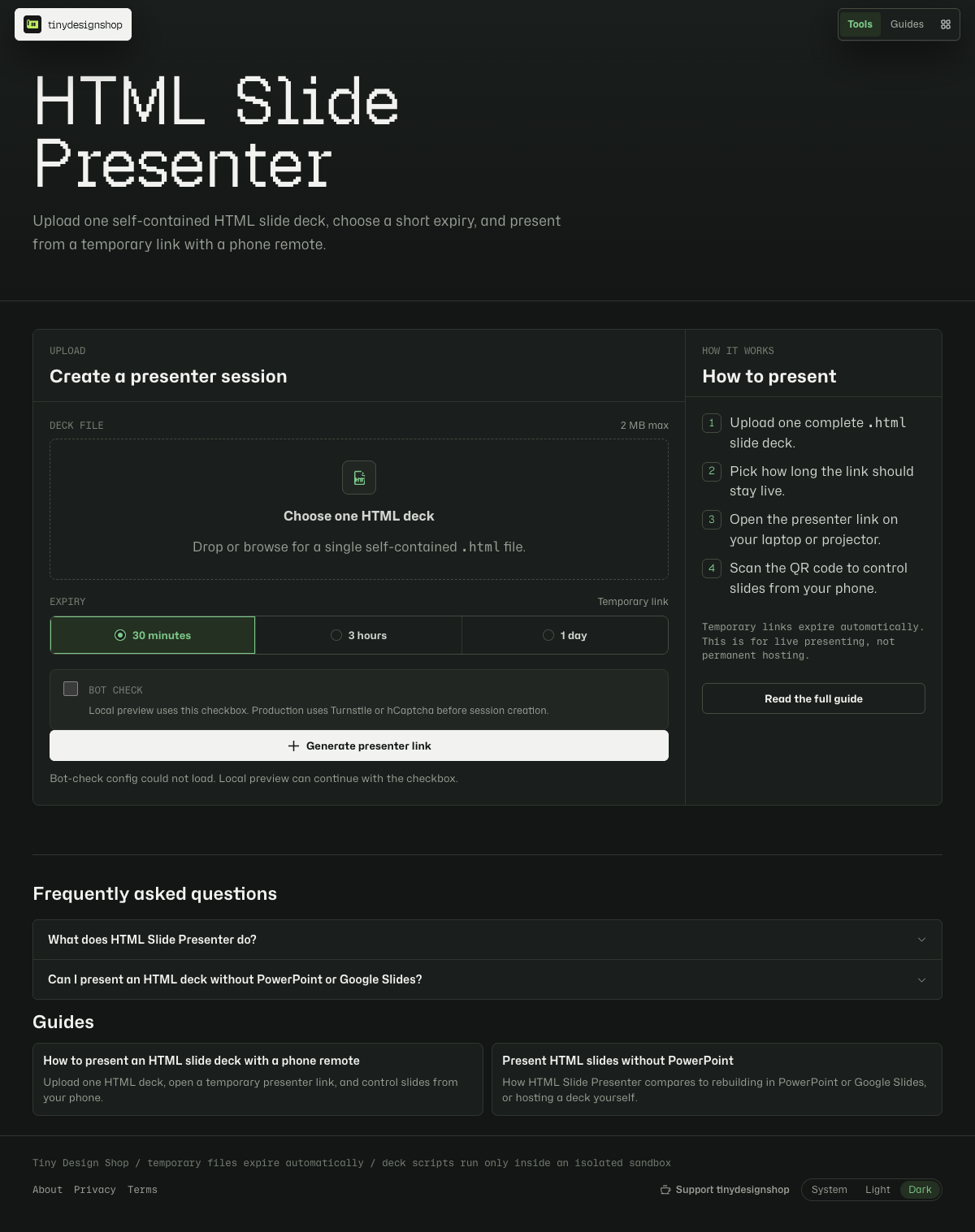 HTML Slide Presenter upload form with expiry options