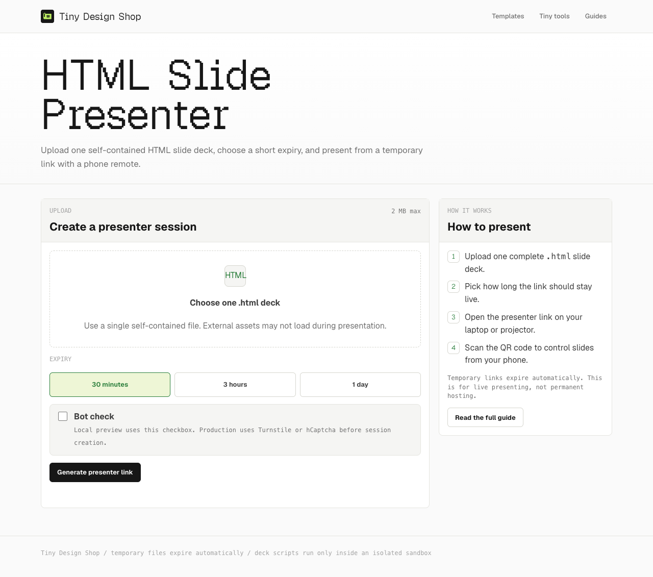 HTML Slide Presenter upload form with expiry options