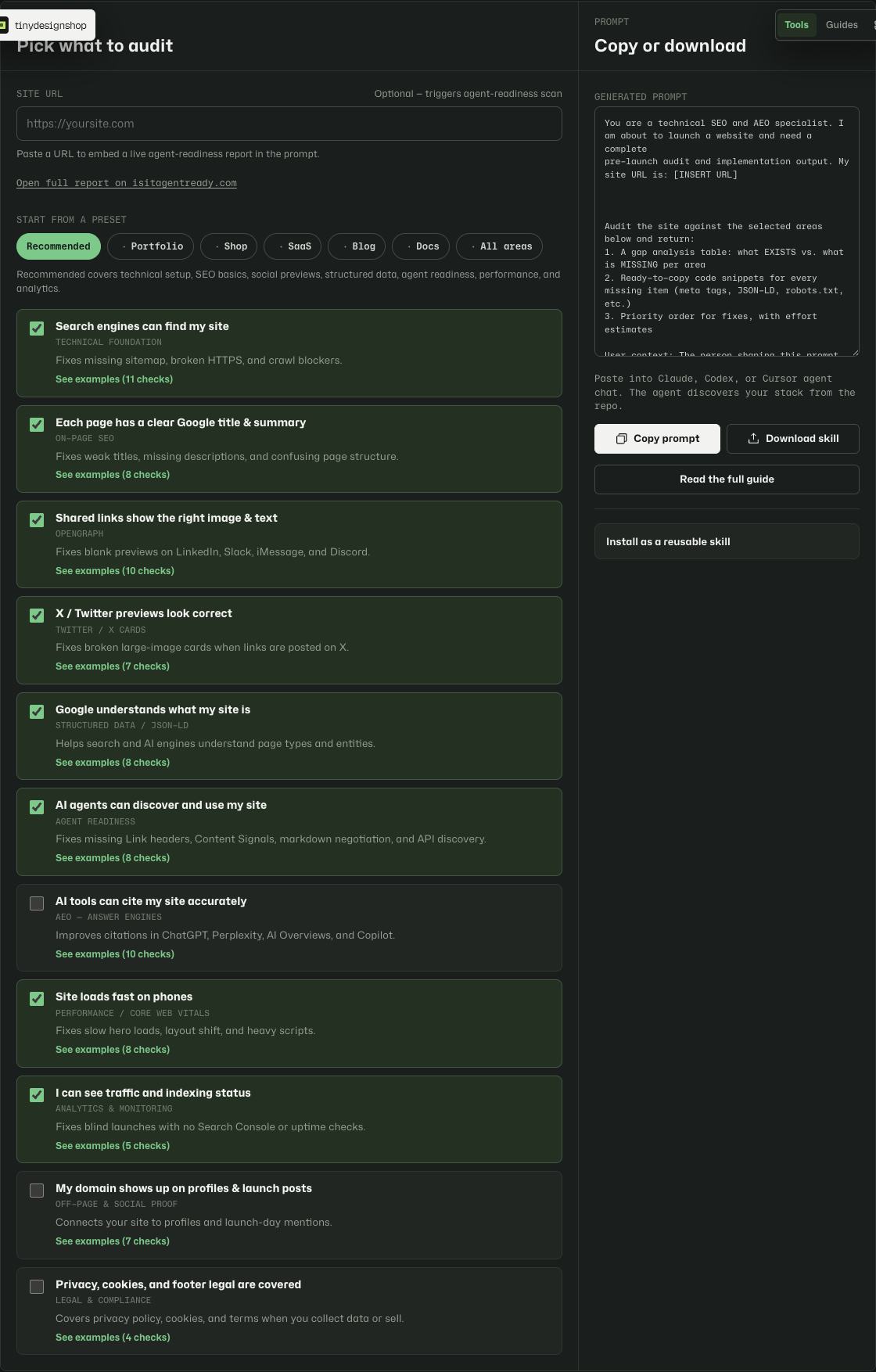 Launch Checklist Prompt workflow picker and preset chips