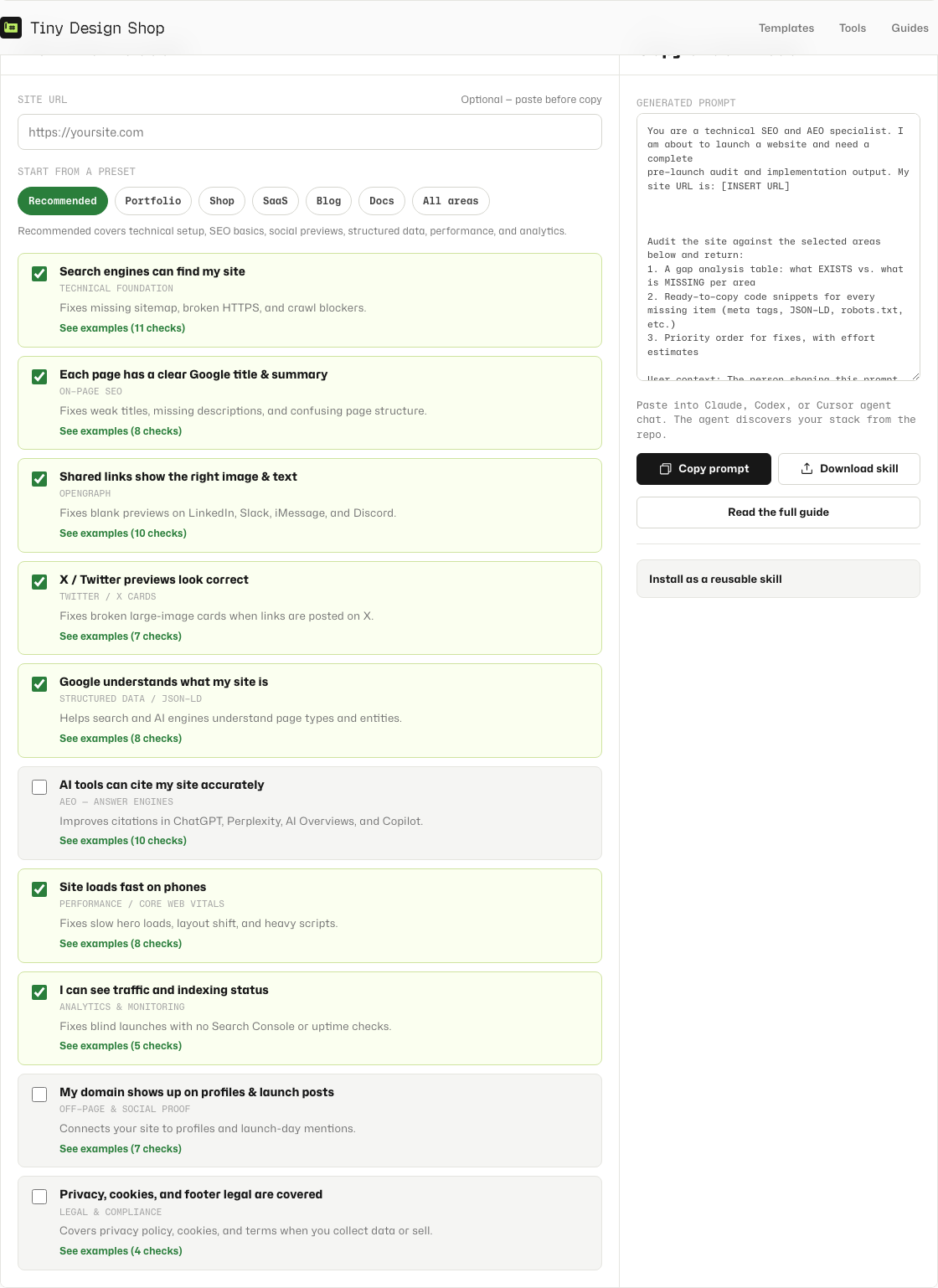 Launch Checklist Prompt workflow picker and preset chips