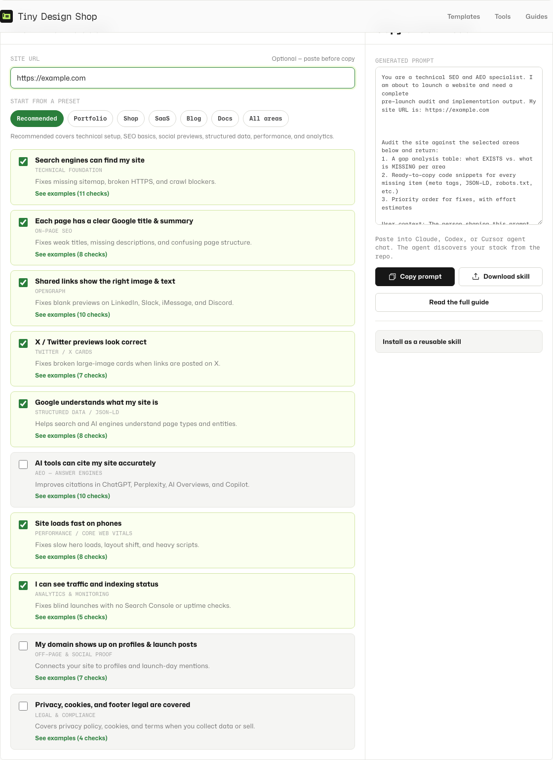 Launch Checklist Prompt composed audit prompt ready to copy