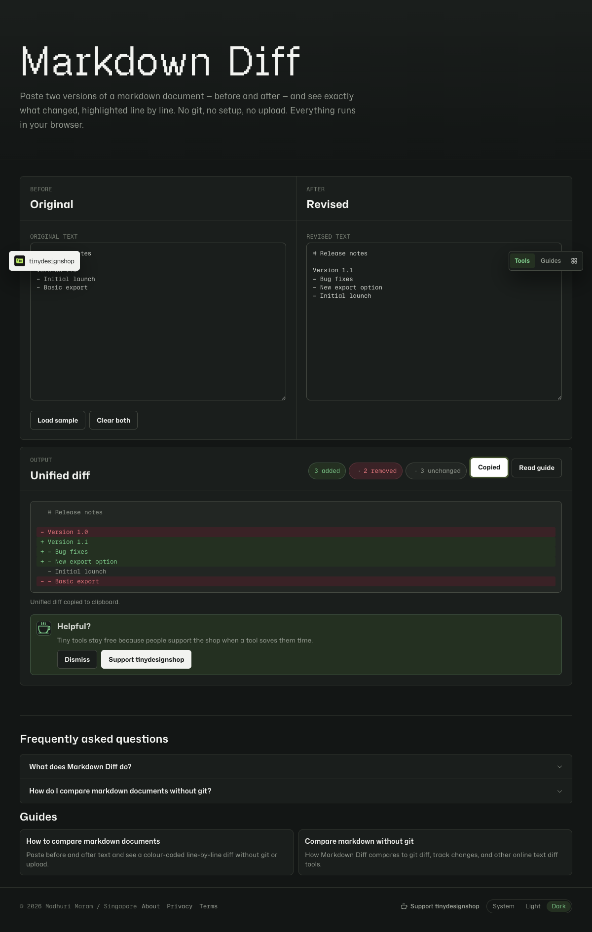 Markdown Diff copy diff button with status confirmation