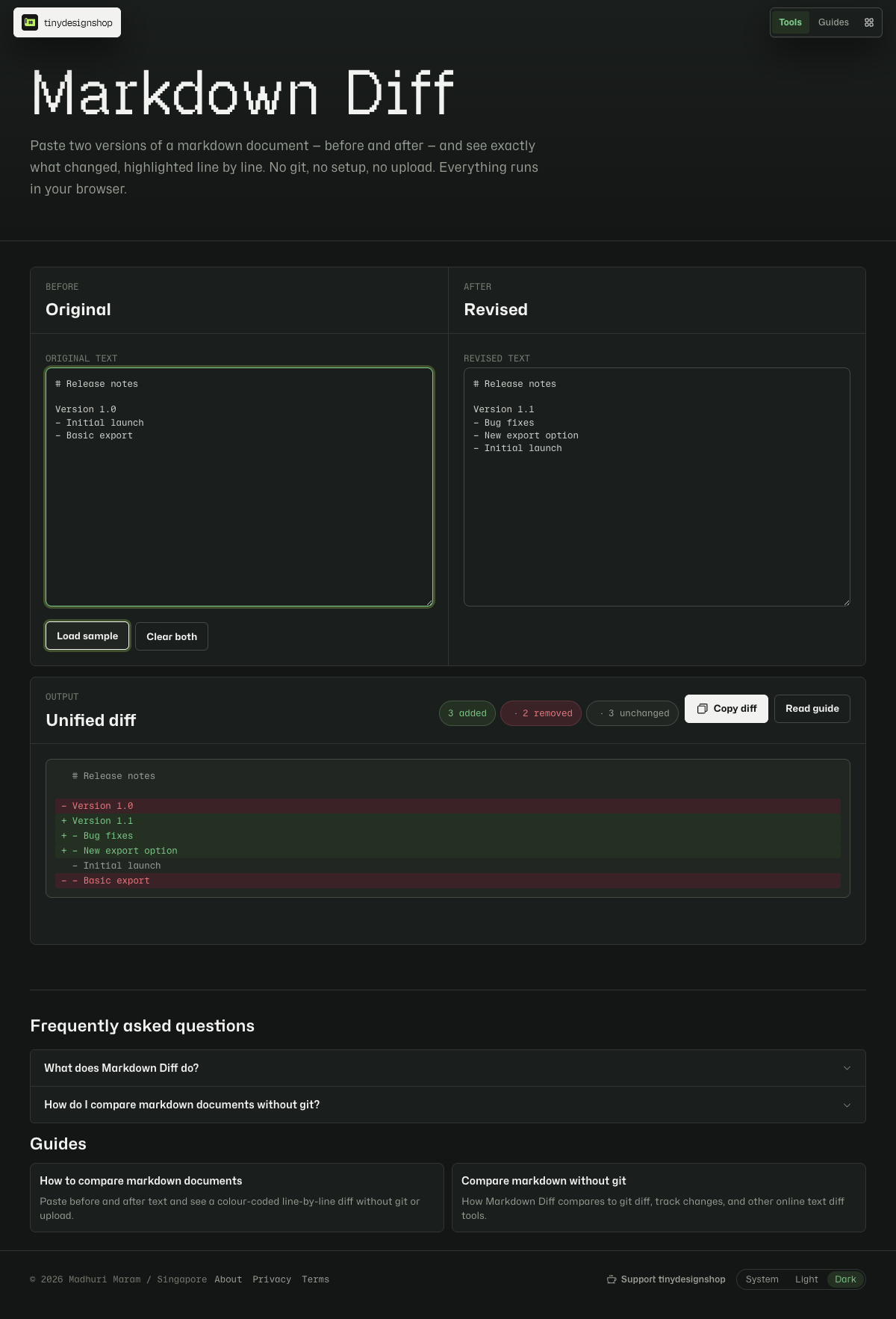 Markdown Diff showing colour-coded unified diff with summary chips