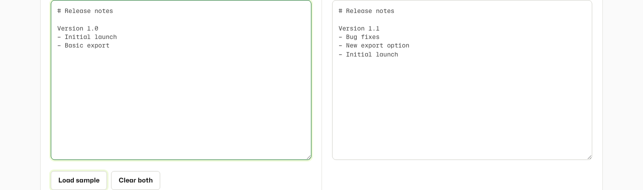 Markdown Diff showing colour-coded unified diff with summary chips