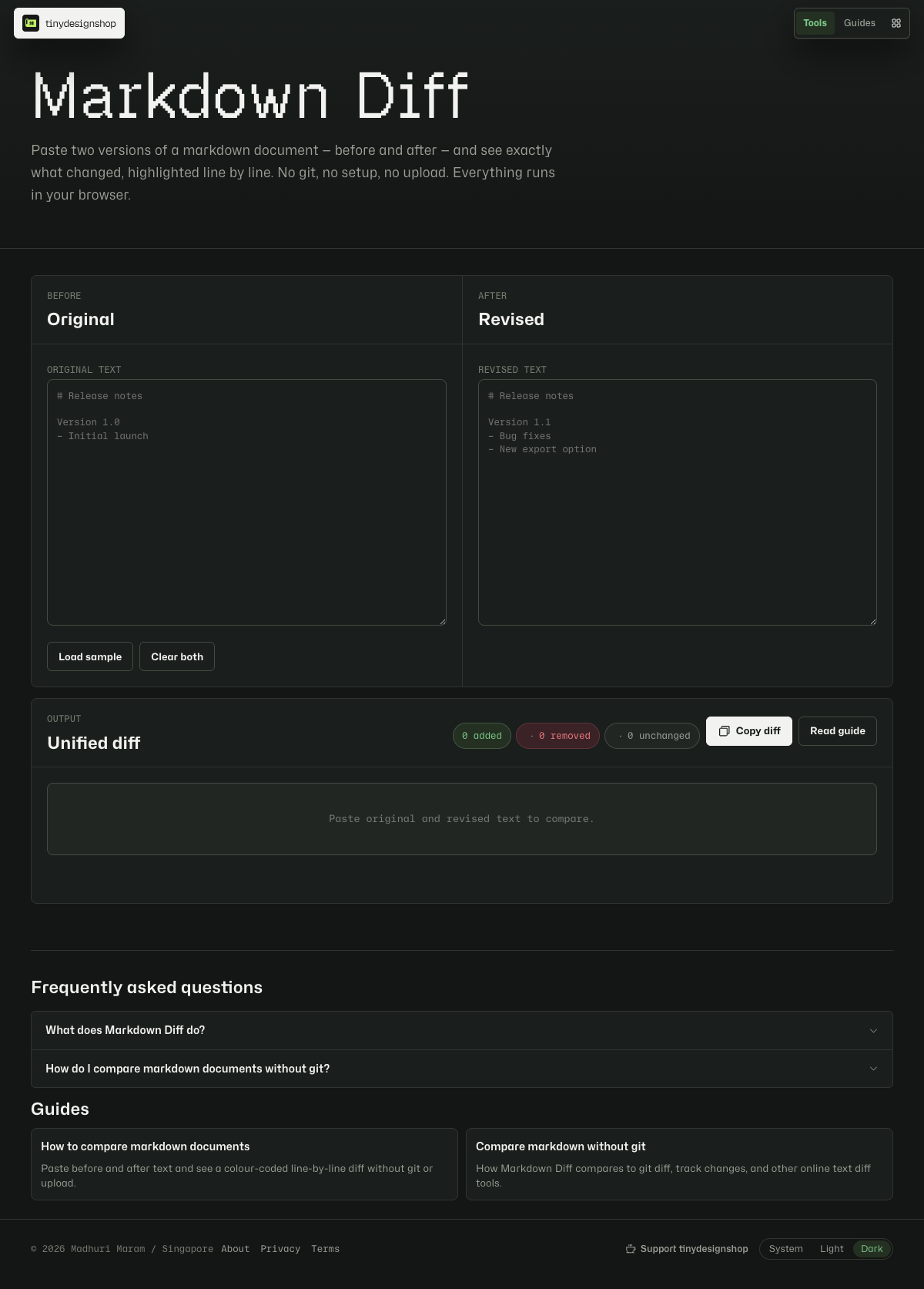 Markdown Diff with original and revised text in side-by-side panels