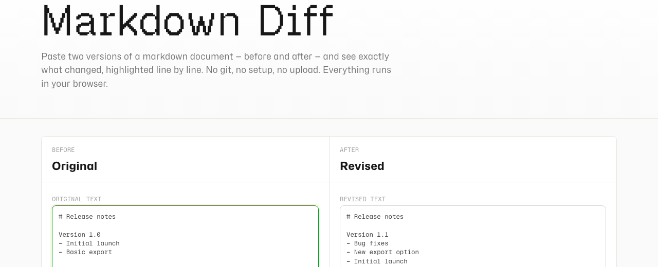 Markdown Diff with original and revised text in side-by-side panels