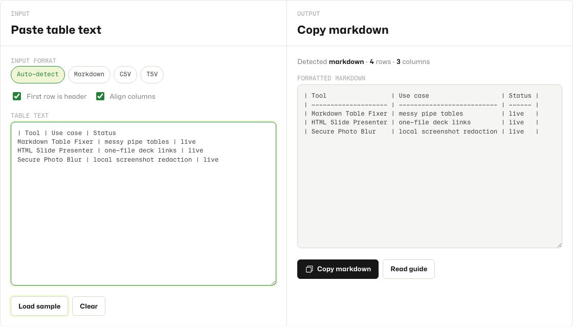 Markdown Table Fixer with aligned markdown table output