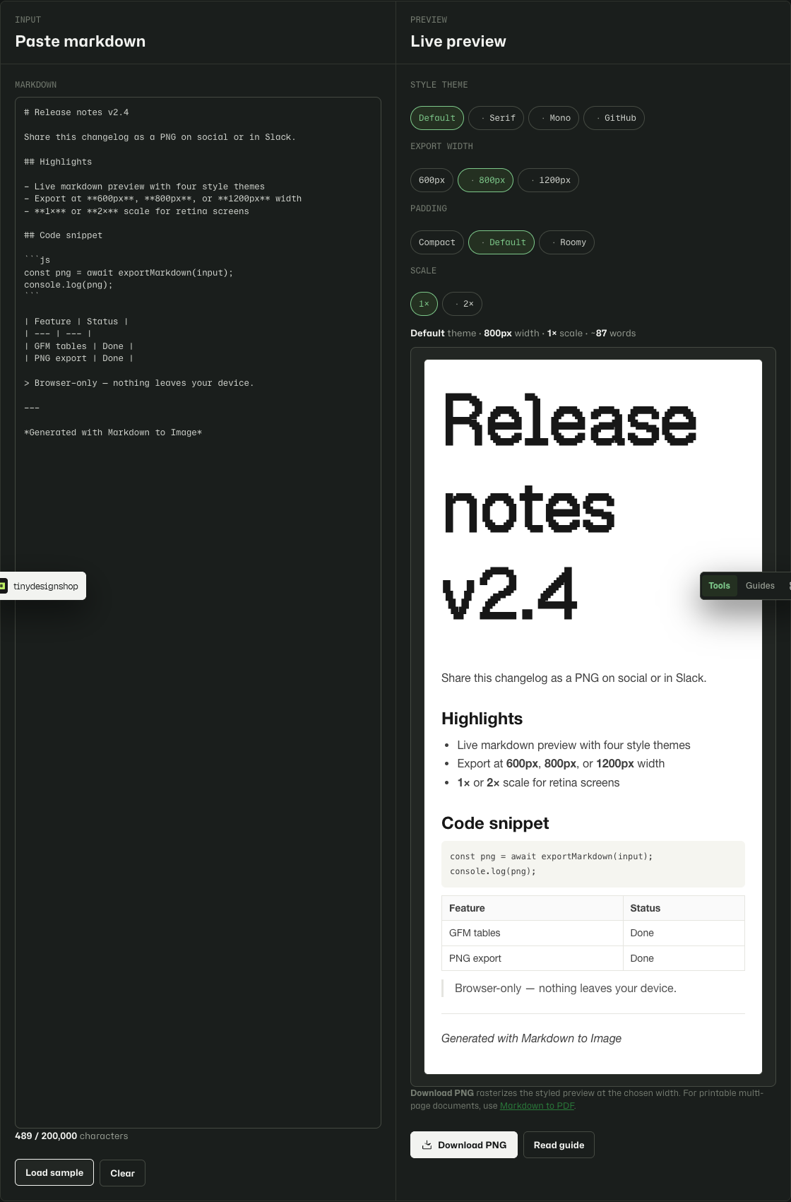 Markdown to Image with sample markdown rendered and ready to download as PNG