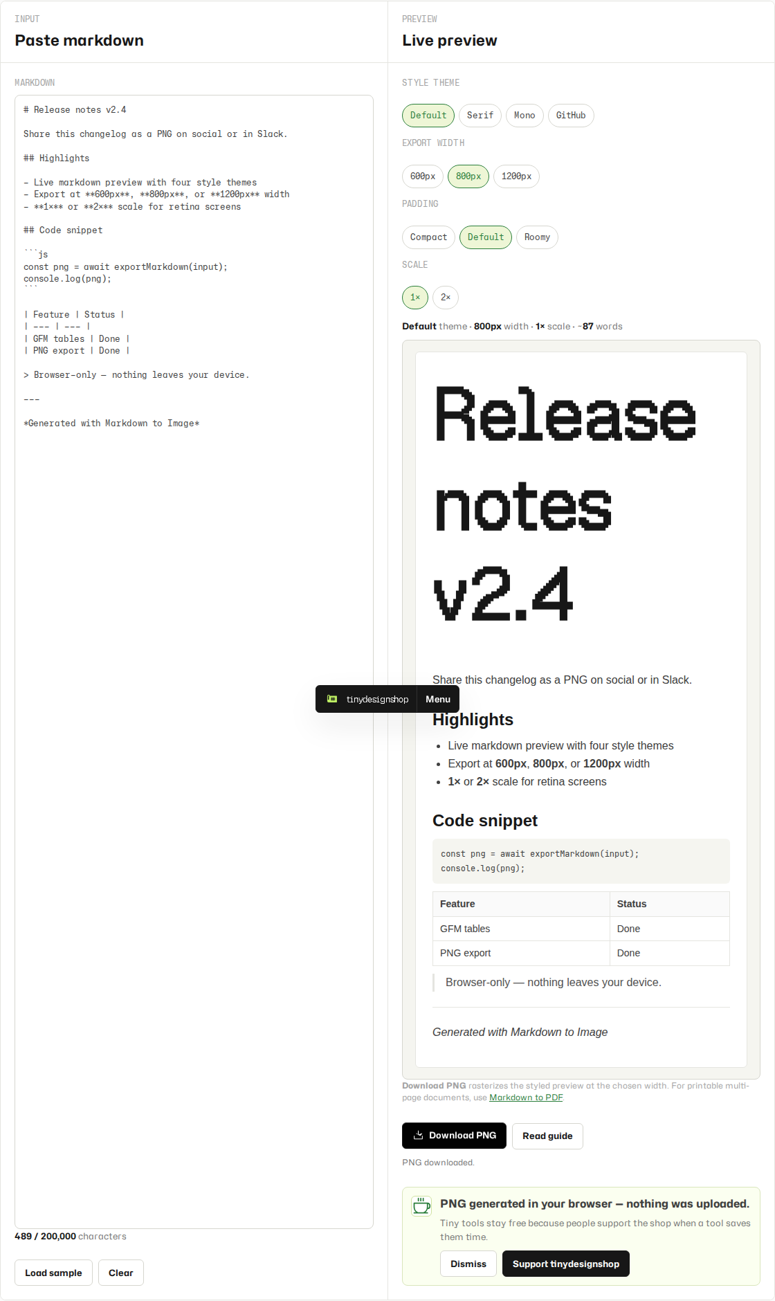 Markdown to Image with sample markdown rendered and ready to download as PNG