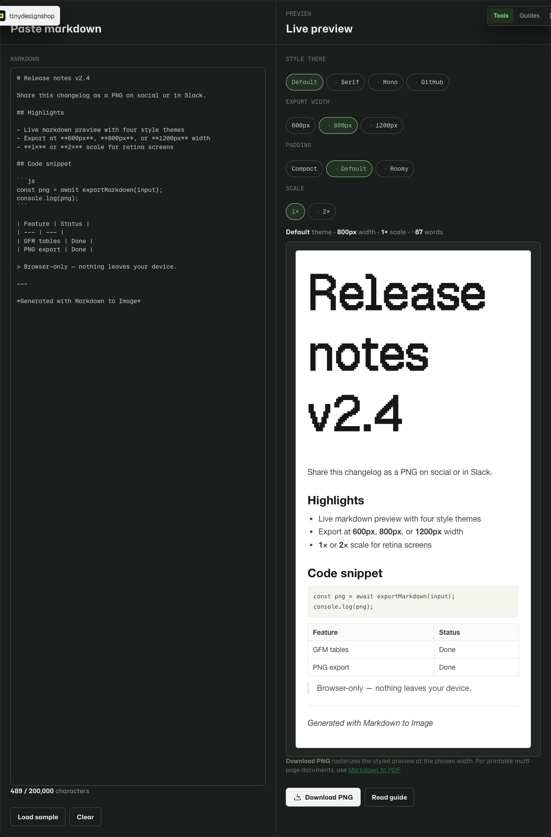 Markdown to Image dual-panel layout with sample markdown and live preview