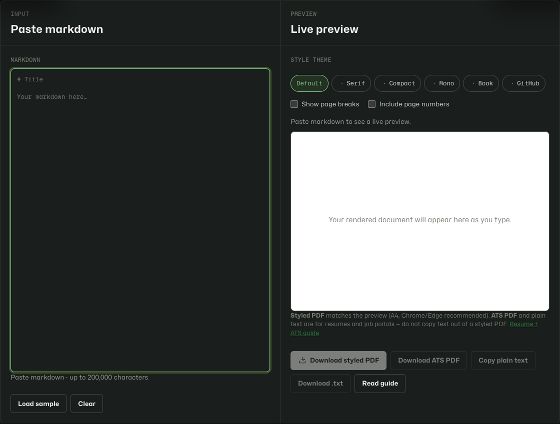Markdown to PDF empty dual-panel layout with markdown editor and preview
