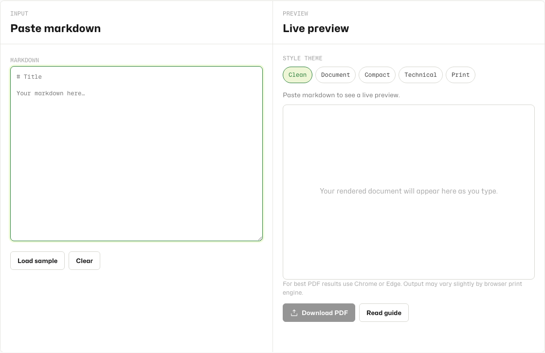 Markdown to PDF empty dual-panel layout with markdown editor and preview