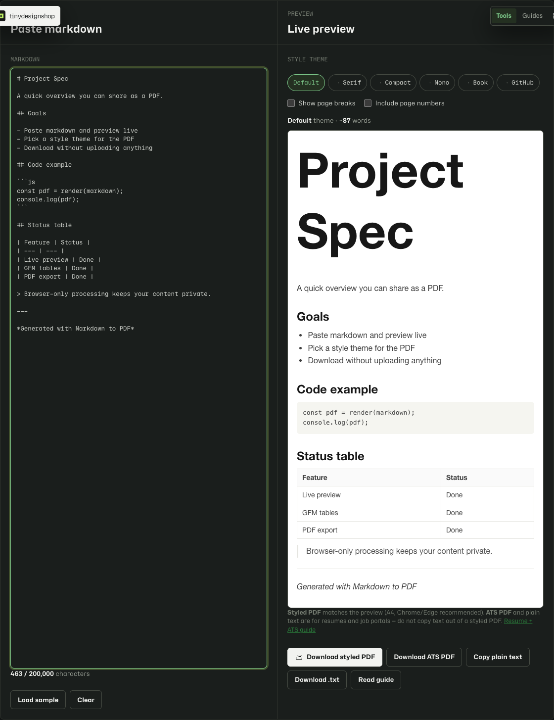 Markdown to PDF with sample markdown rendered in the preview panel