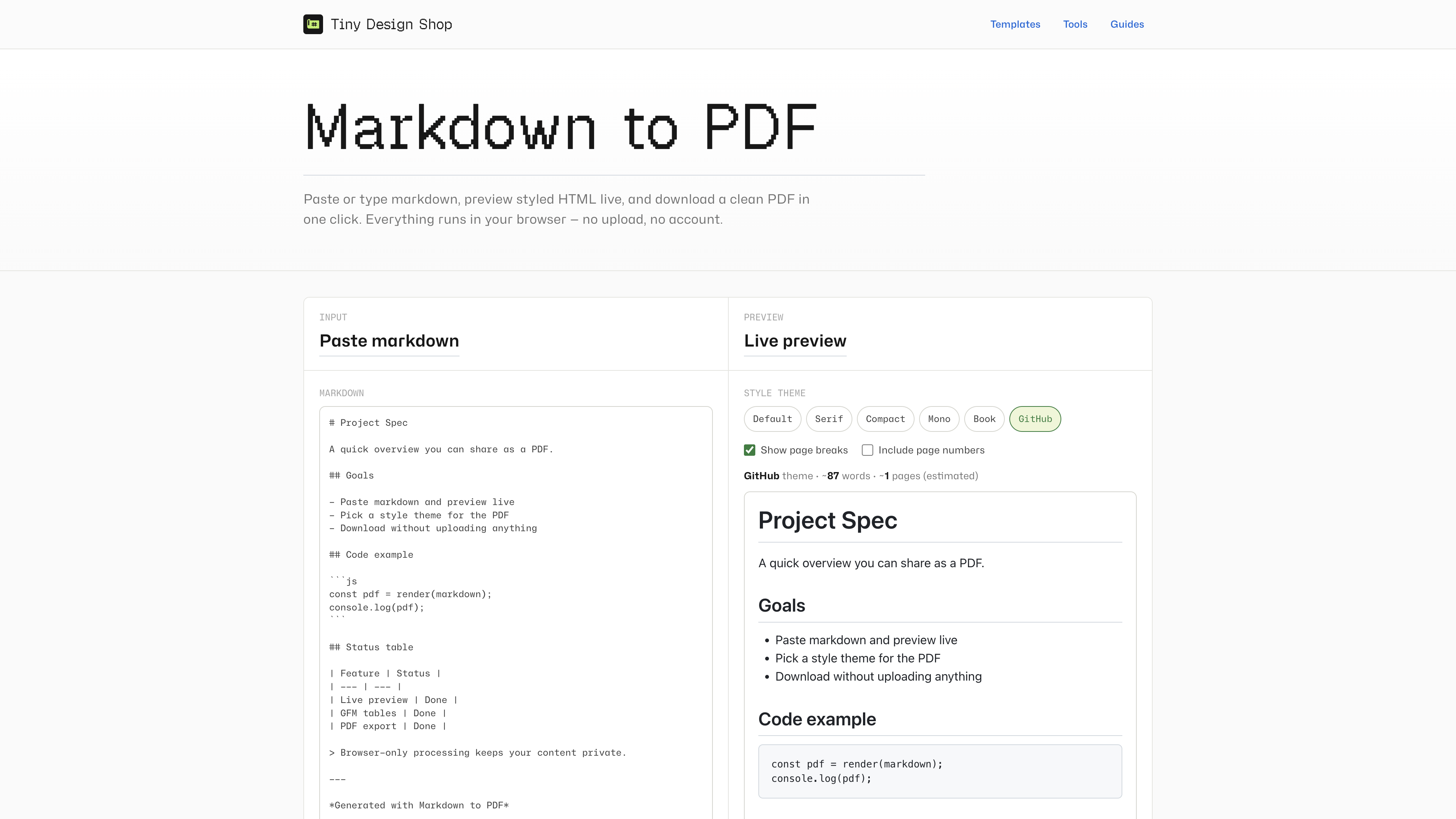 Markdown to PDF with sample markdown rendered in the preview panel