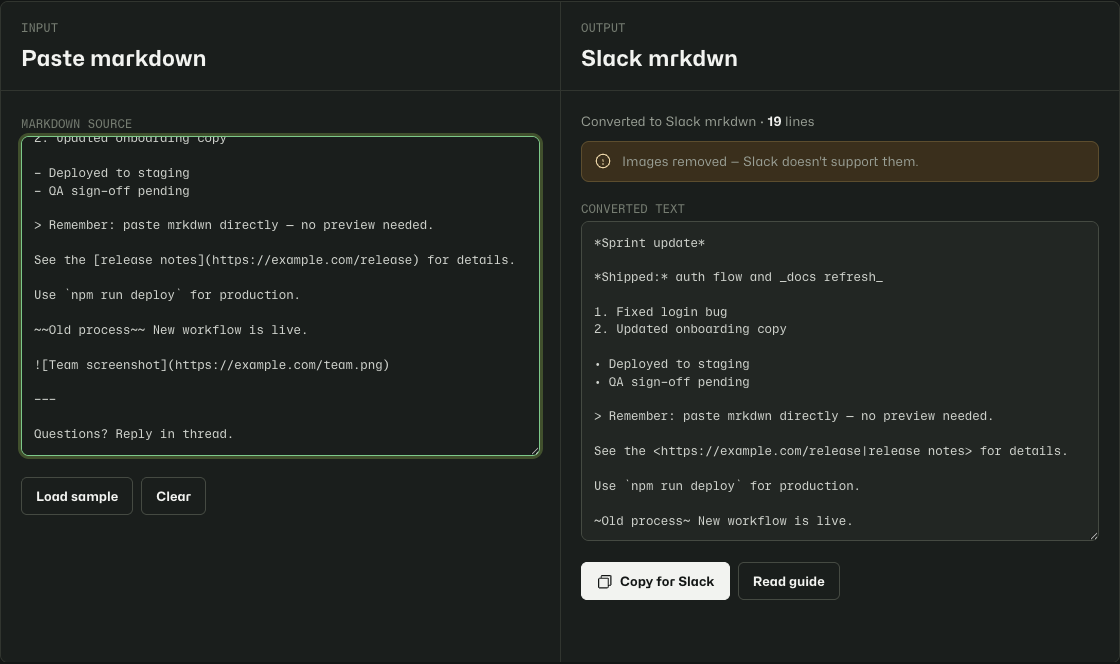 Markdown to Slack with sample markdown converted to mrkdwn