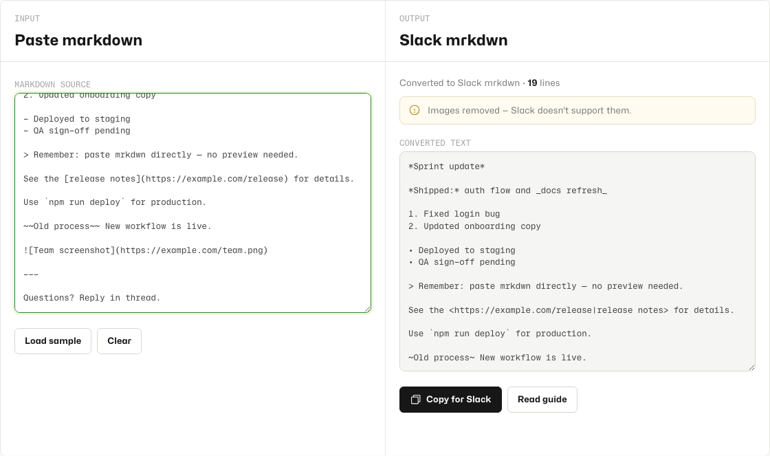 Markdown to Slack with sample markdown converted to mrkdwn