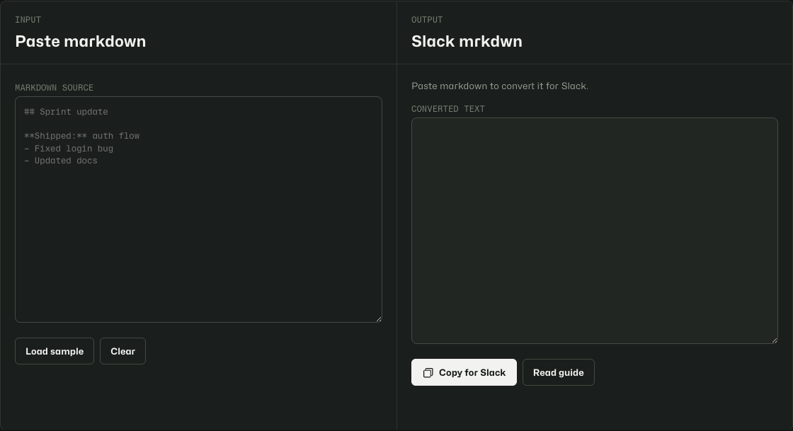 Markdown to Slack empty dual-panel layout