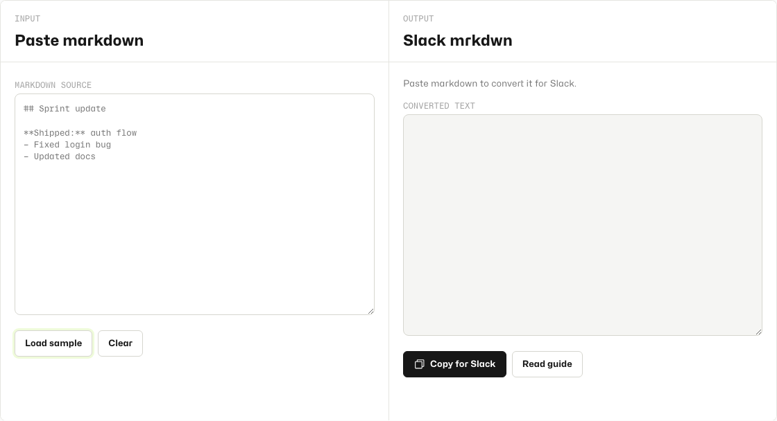 Markdown to Slack empty dual-panel layout