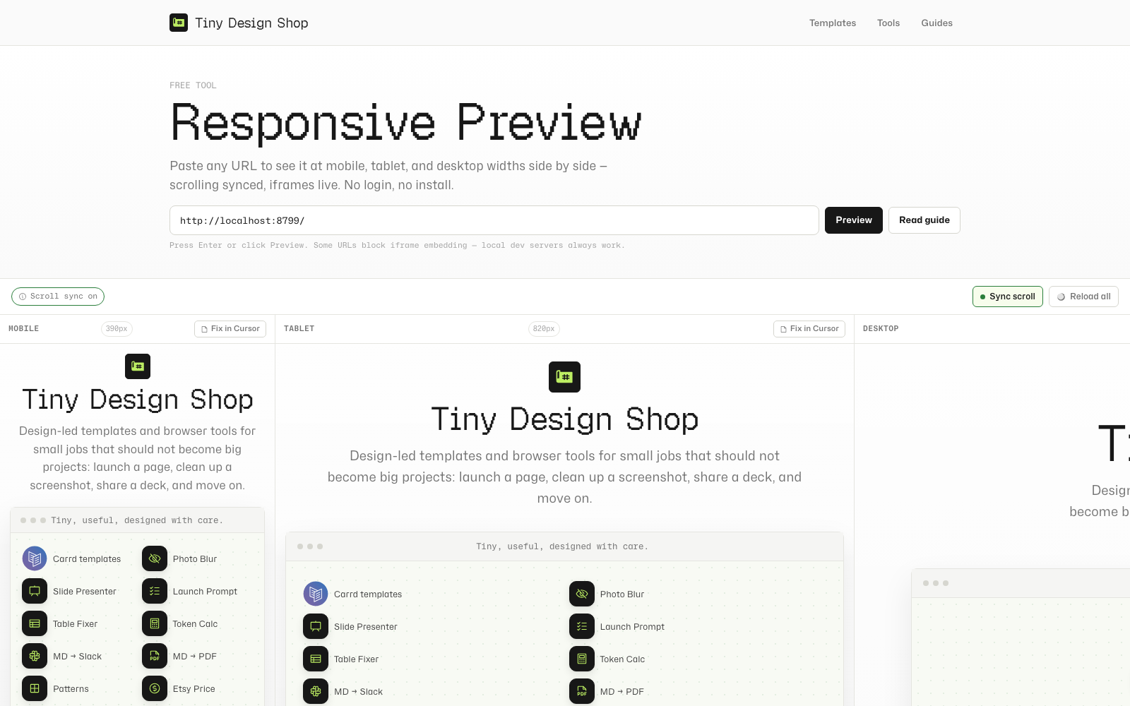 Responsive Preview showing mobile, tablet, and desktop iframe columns loaded with a page