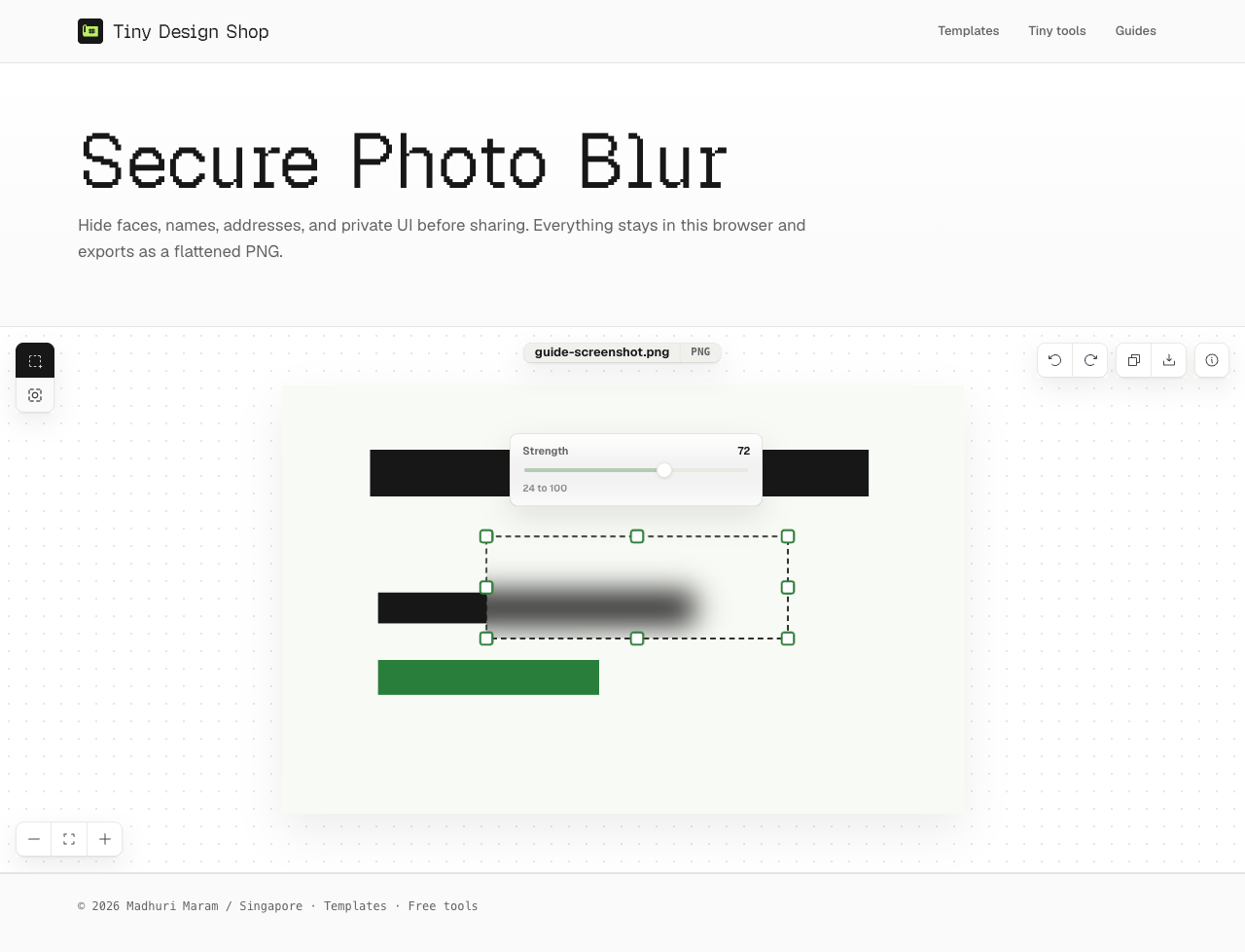 Secure Photo Blur editor with canvas controls and a selected blur region